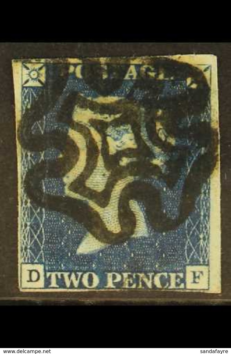 1840 2d Blue 'DF', Plate 1, SG 5, Four Margins (just Clear To Large), Heavy Black Maltese Cross Cancel, Pressed Vertical - Sonstige & Ohne Zuordnung