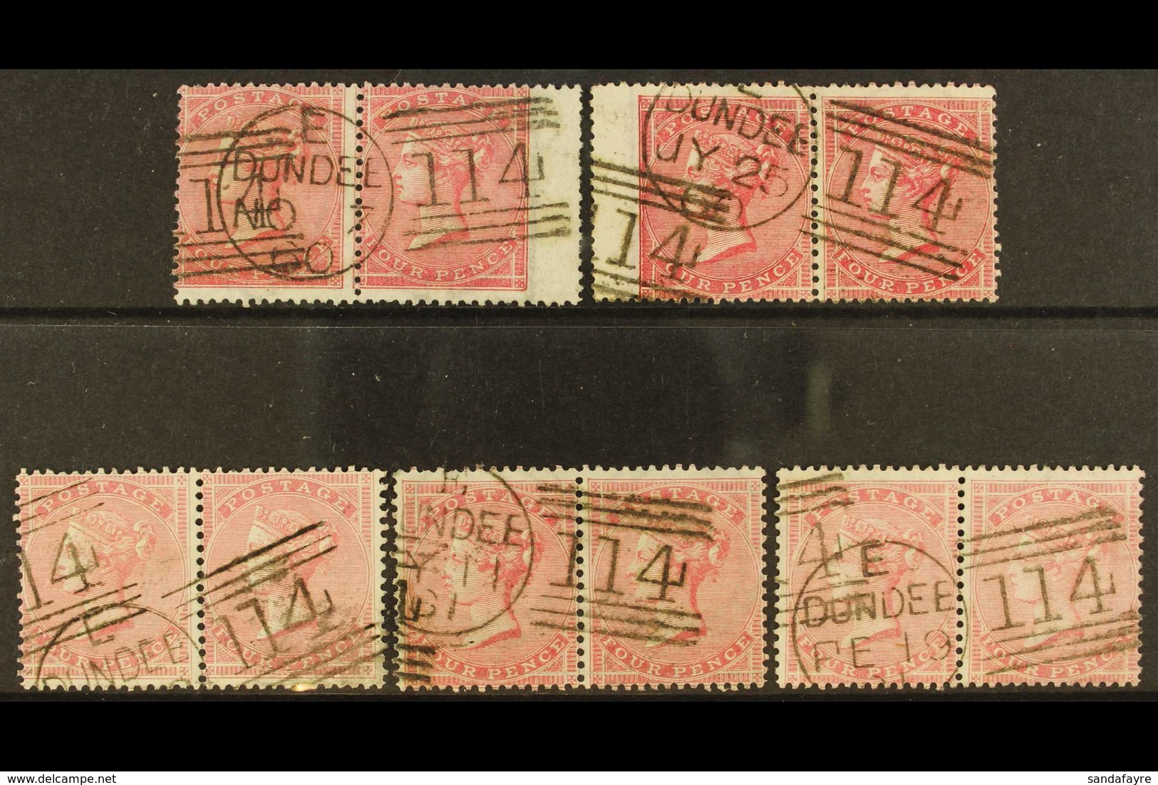 1855-1857 "DUNDEE" PAIRS An Attractive Group Of 5 X 4d Pairs, 2 X Rose Carmine (SG 66) & 3 X Rose (SG 66a), Each Bearing - Sonstige & Ohne Zuordnung