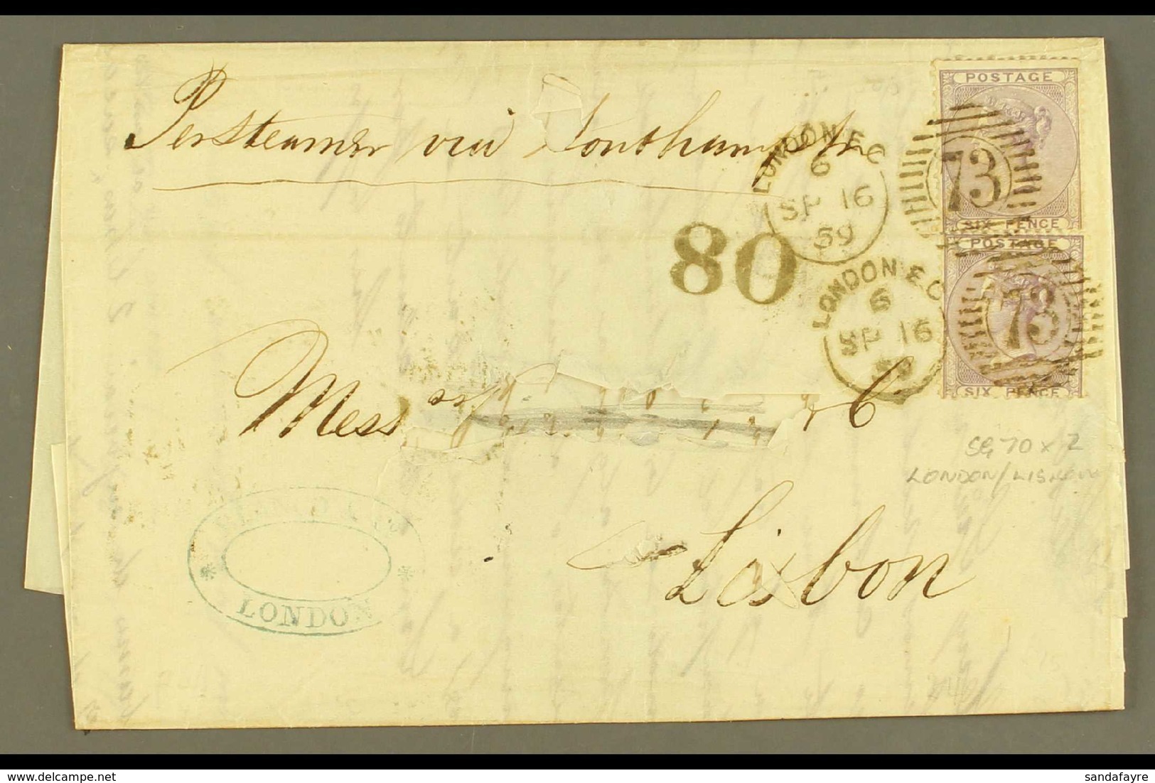 1859 (16 Sept) EL To Portugal, Bearing Two 6d Deep Lilacs (SG 69) Each Tied By London Datestamp + Numeral Pmk With Portu - Sonstige & Ohne Zuordnung