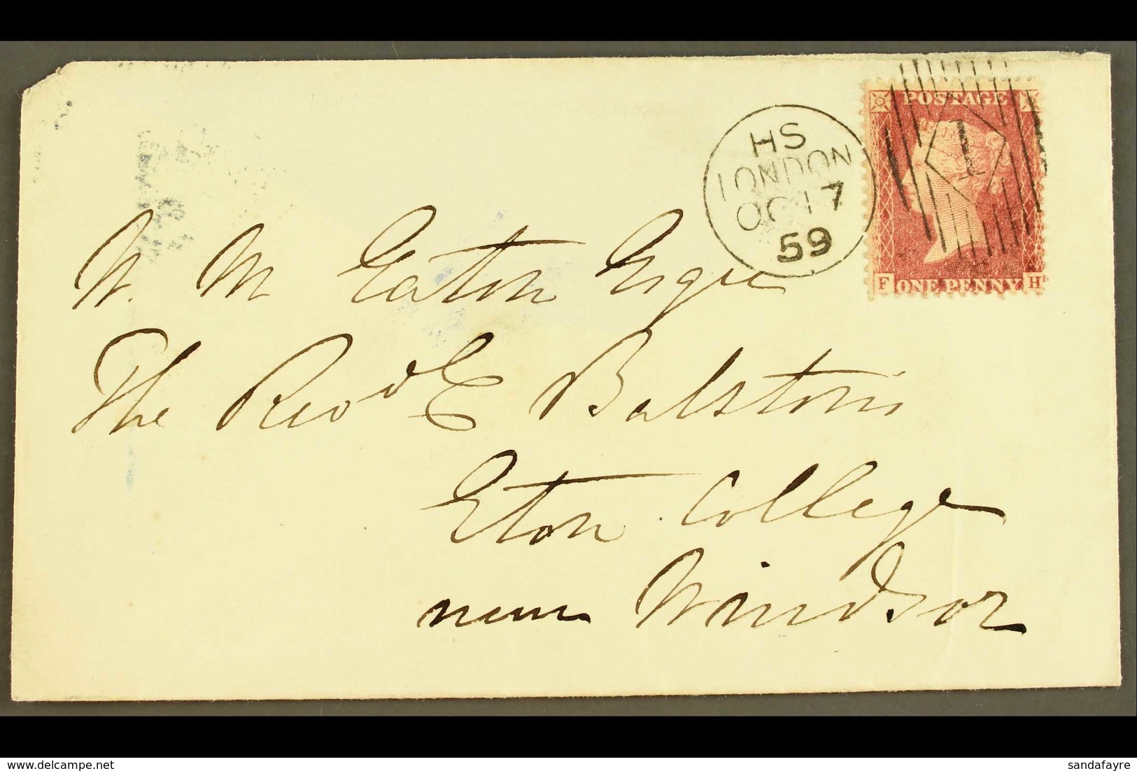 1859 CHARLES RIDEOUT MACHINE CANCEL (17 Oct) Envelope (flap Missing) To Eton College, With 1d Red Tied Code HS Machine 1 - Sonstige & Ohne Zuordnung