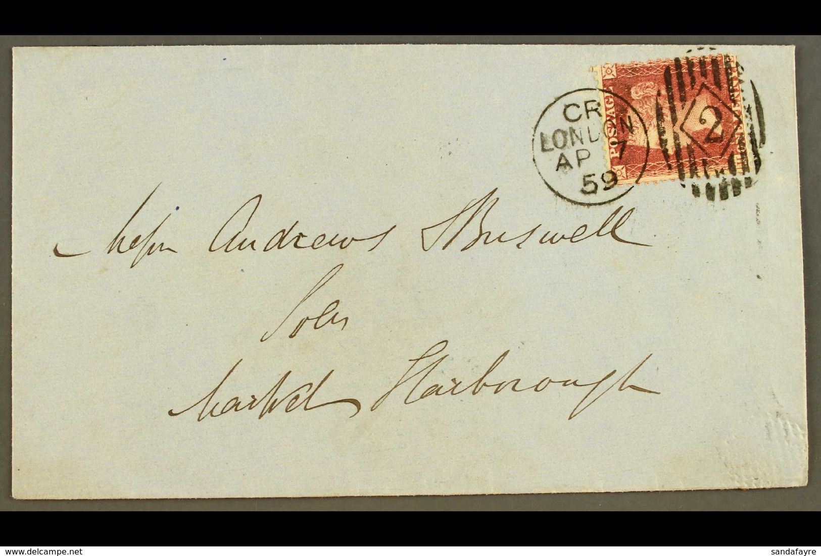 1859 CHARLES RIDEOUT MACHINE CANCEL (7 Apr) Envelope To Market Harborough, With 1d Red Tied Fine Code CR Machine 2 Cance - Sonstige & Ohne Zuordnung