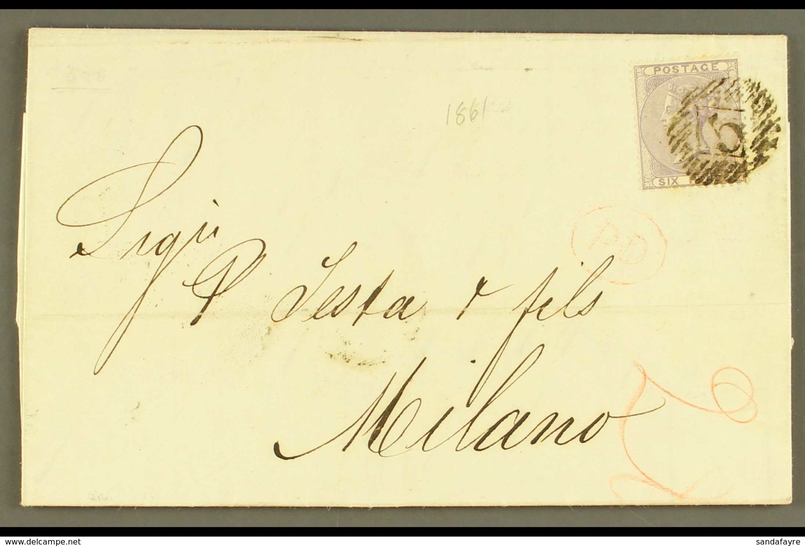 1861 (13 Mar) Pretty EL From London To Italy 6d Lilac (SG 70, Cat £240 On Cover) Tied Neat Numeral Pmk, Various Datestam - Sonstige & Ohne Zuordnung