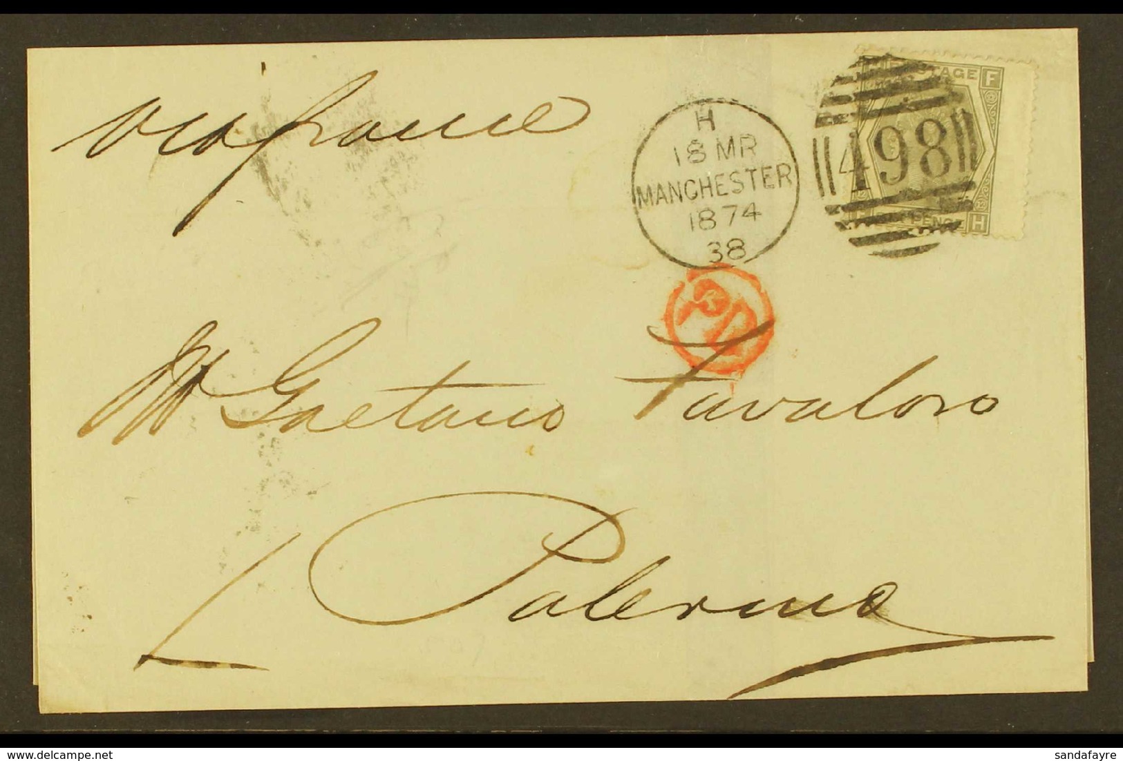 1874 (18 March) Entire To Palermo, Italy, Bearing 1872-73 6d Grey Plate 12 (SG 125) Tied By "Manchester" Duplex Postmark - Other & Unclassified