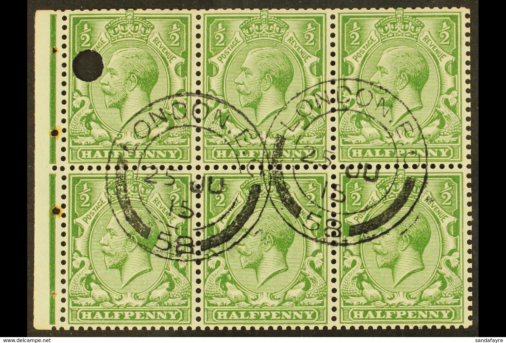 1912-24 ½d Green Complete BOOKLET PANE Of 6 Precancelled With Two "London E.C." Type I Postmarks, SG Spec NB6v, One Secu - Ohne Zuordnung