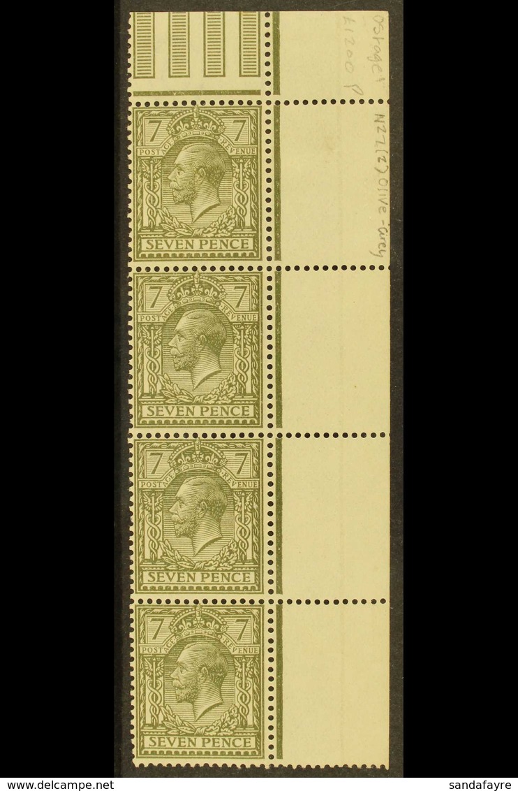 1912-24 7d Olive-grey (SG Spec N27(2), SG 387), Fine Mint (all Stamps Are Never Hinged) Top Right Corner Vertical STRIP  - Unclassified