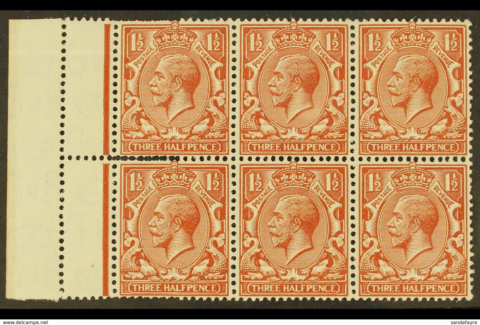 1924-26 1½d Red-brown, SG 420, Never Hinged Mint Left Marginal BLOCK Of 6 With Spectacular DOUBLE PERFORATION ERROR At L - Unclassified