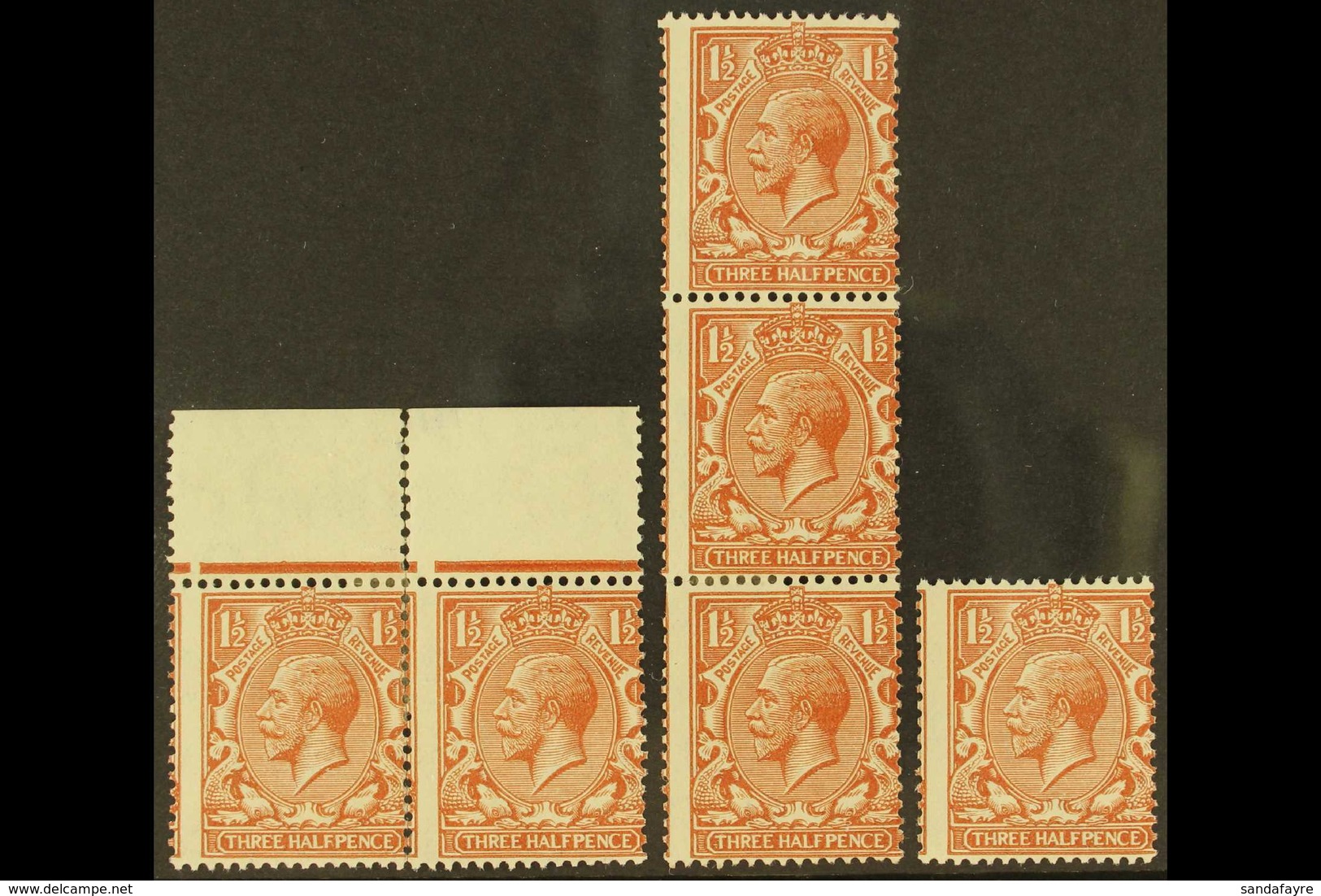 1924-26 1½d Red-brown, SG 420, Mint Top Marginal Pair, Vertical Strip Of 3 (crease) And A Single Stamp (NHM) All Showing - Unclassified