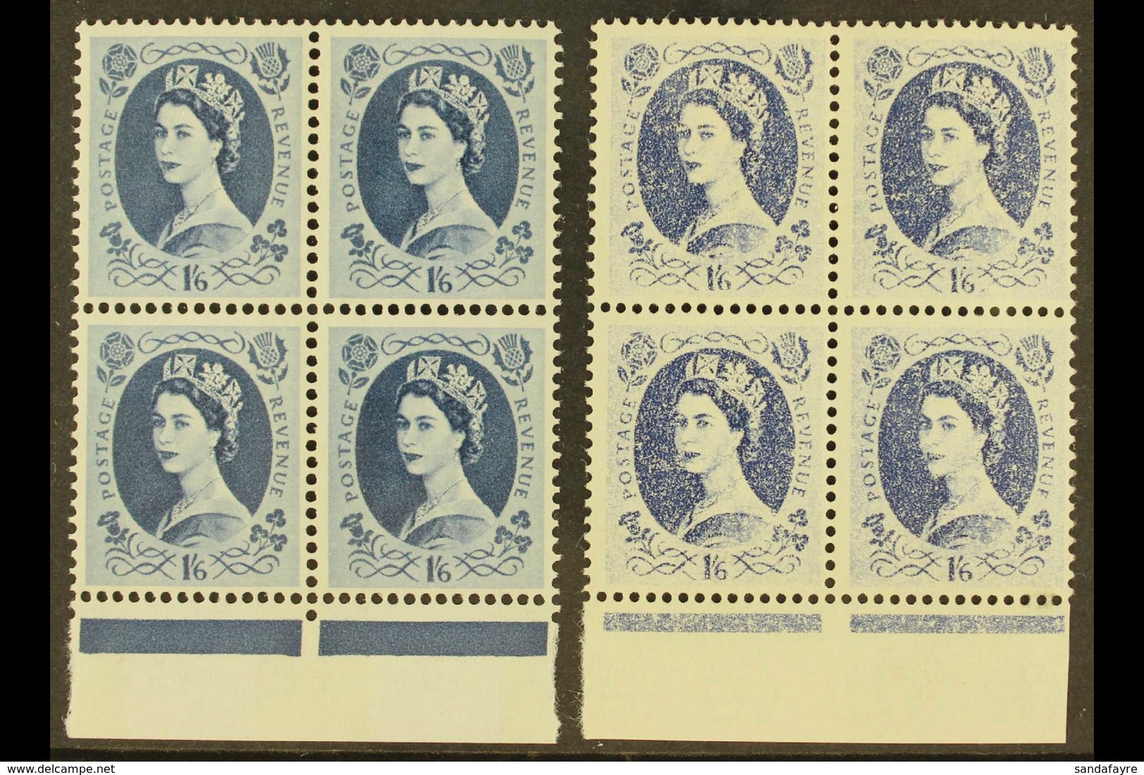 1958-1965 DRY PRINT VARIETY. 1s6d Grey-blue Wilding, SG 586, Never Hinged Mint Lower Marginal BLOCK Of 4 With Stunning D - Sonstige & Ohne Zuordnung
