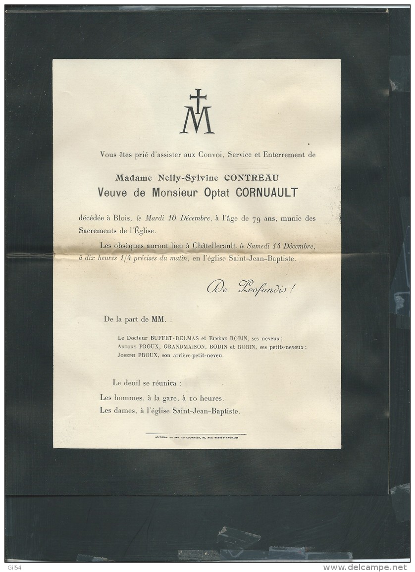 Blois  - ( 10/ 12 / 1912) - F.P. Décés De Mme Nelly-sylvine Contreau Veuve De M Optat Cornuault     - Bb15408 - Décès