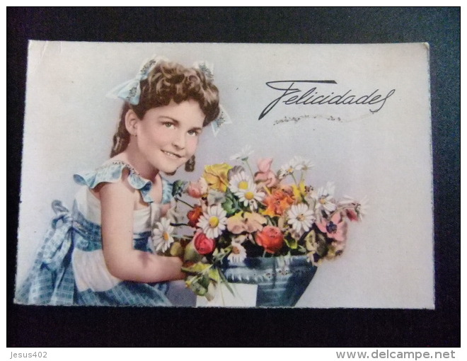 TARJETAS DE FELICIDADES  --  NIÑA CON FLORES 1954 - Cumpleaños