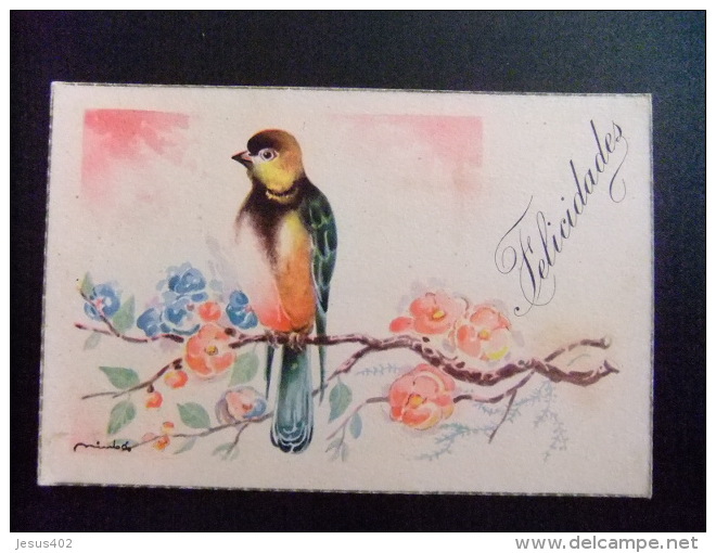 TARJETAS DE FELICIDADES  --  PAJARO Y FLORES 1952 - Cumpleaños