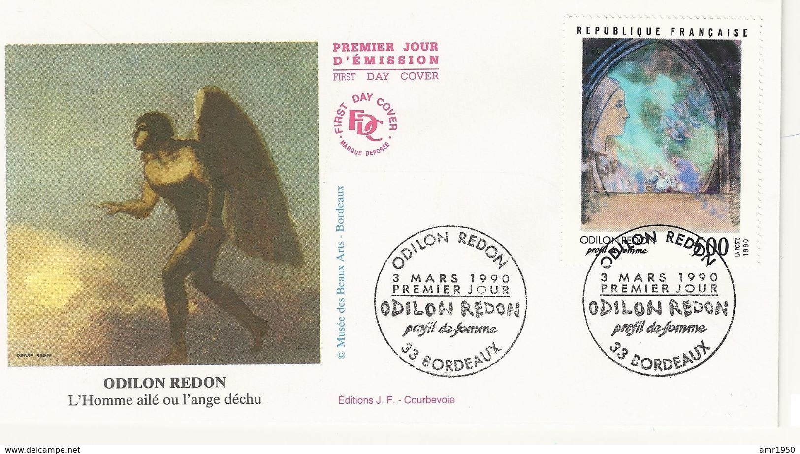 France - Enveloppe 1er Jour - Odilon Redon - L'homme Ailé Ou L'ange Déchu - 1990 - Bordeaux  T. 2635 - 1990-1999