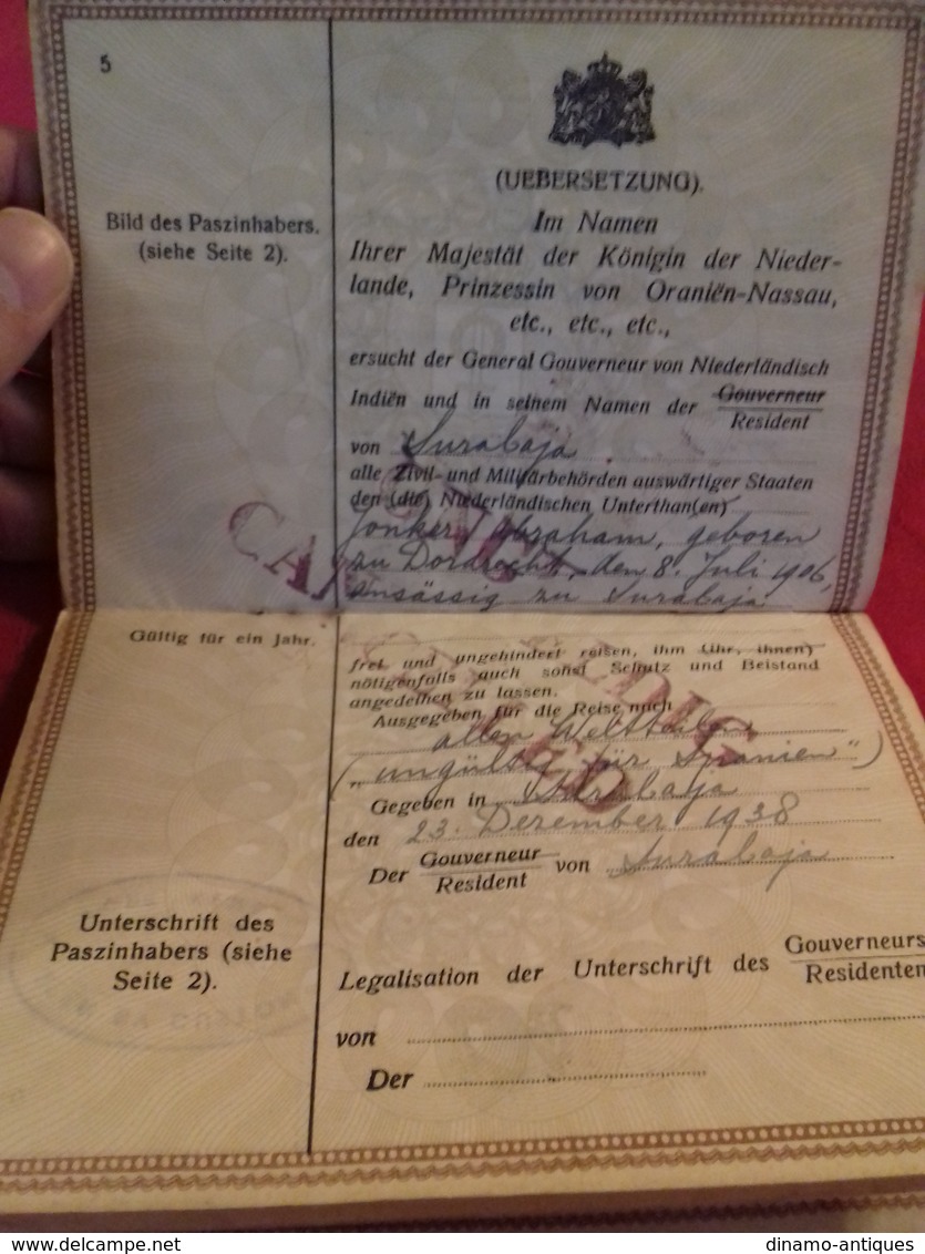 Ultra rare WW2 Dutch East Indies passport passeport reisepass issued 1938 in Surabaya Java for a Jew visas & stamps 1941