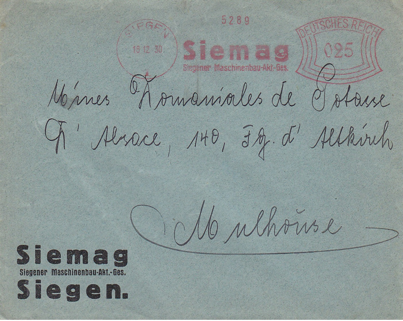 Siemag , Maschinenfabrik à Siegen ,EMA De 1930 - Machines à Affranchir (EMA)