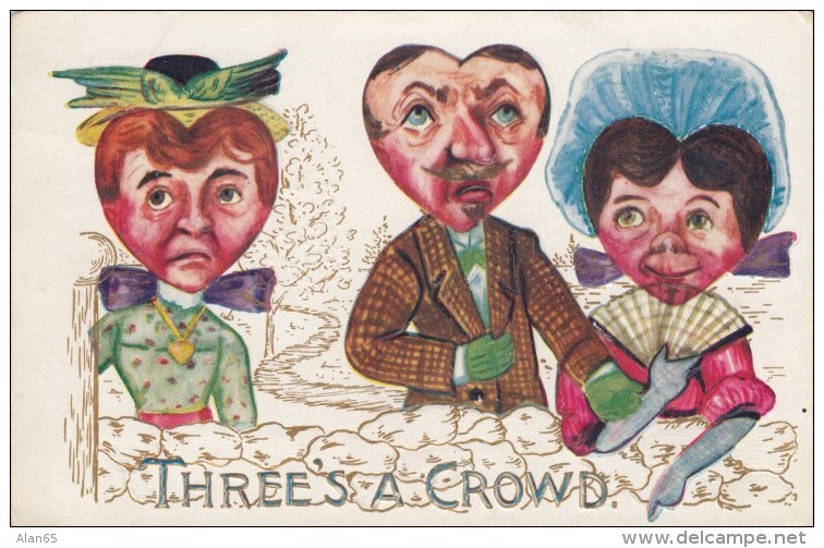 Heart Faces Couple Romance, 'Threes A Crowd' Man With 2 Women, Unsigned Artist Image, C1900s/10s Vintage Postcard - Koppels