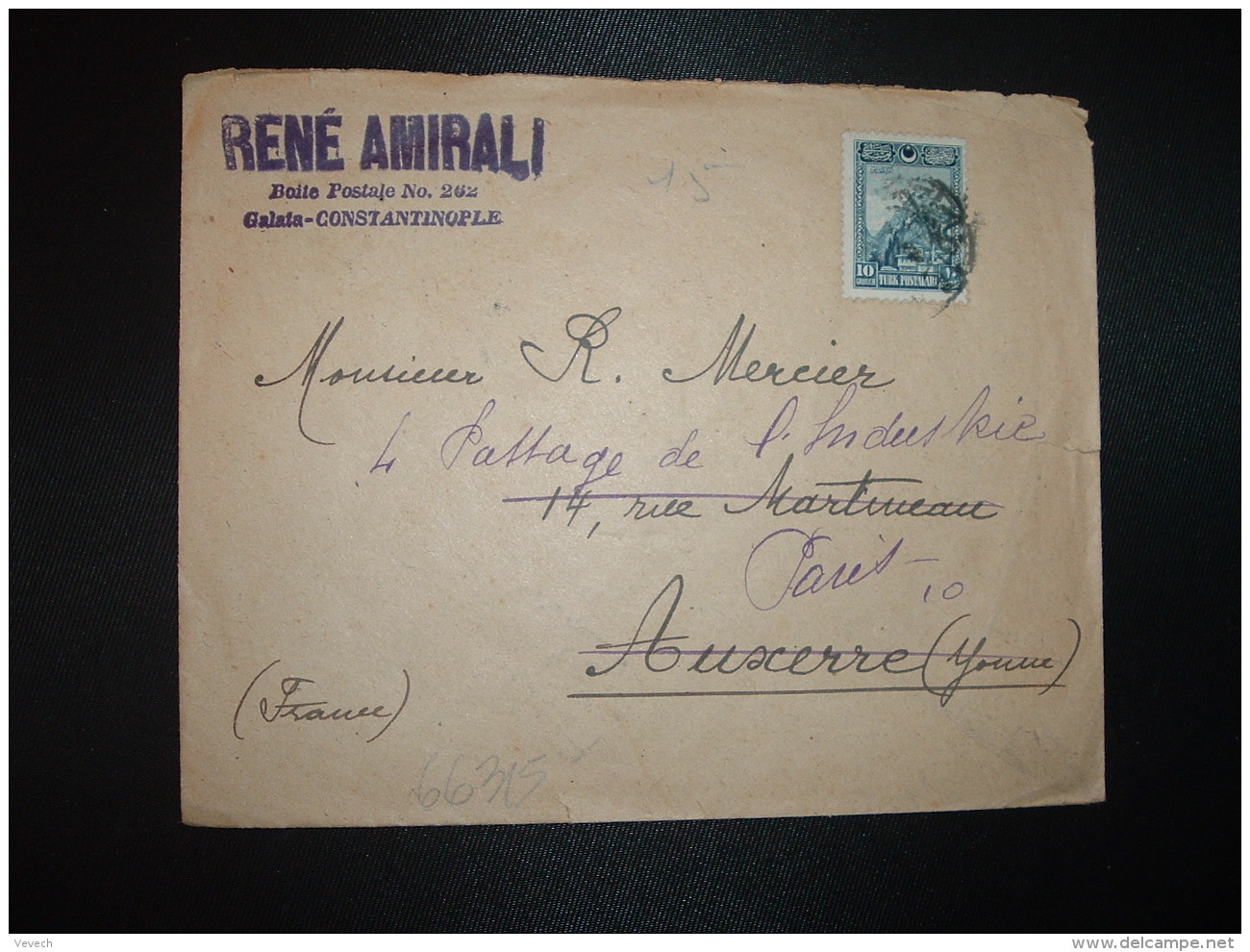 LETTRE Pour La FRANCE TP 10 G OBL. + RENE AMIRALI CONSTANTINOPLE - Storia Postale