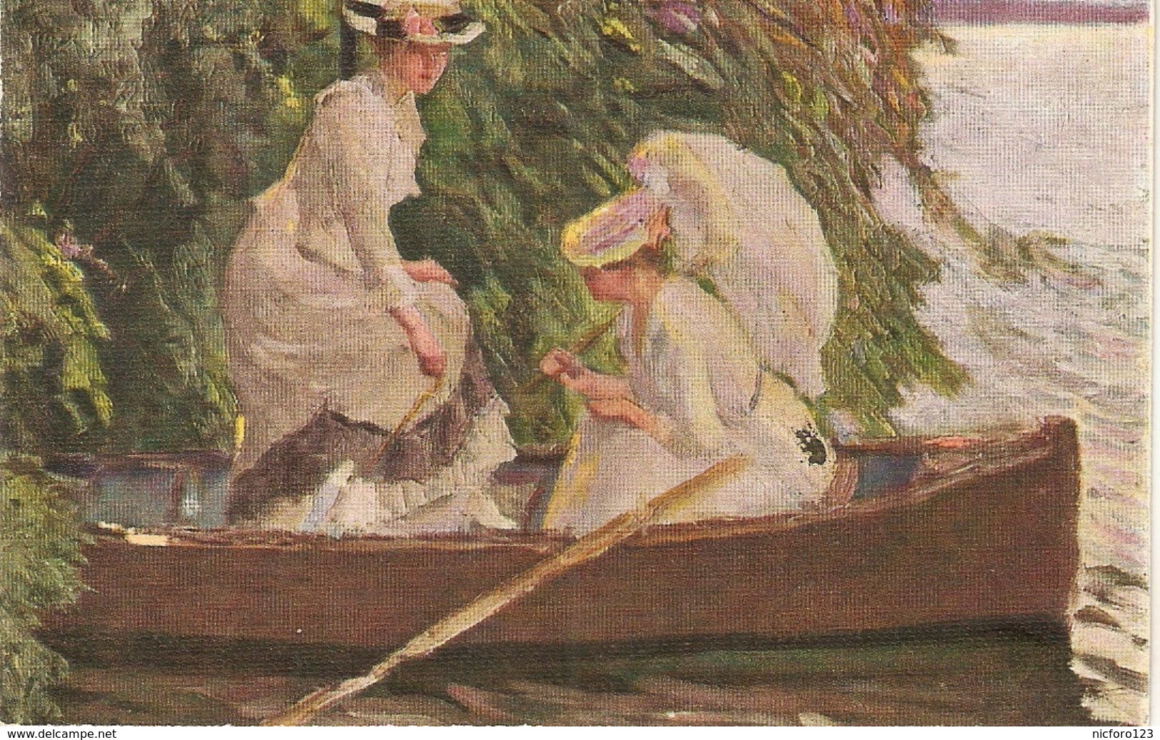 "Edw. Cucuel. Two Ladies In A Boat" Nice Painting, Antique German Postcard - Mujeres