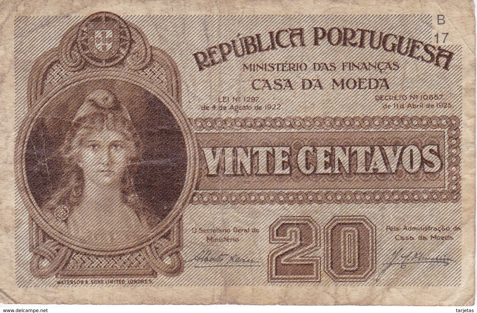 BILLETE DE PORTUGAL DE 20 CENTAVOS DEL AÑO 1925  (BANKNOTE) - Portugal