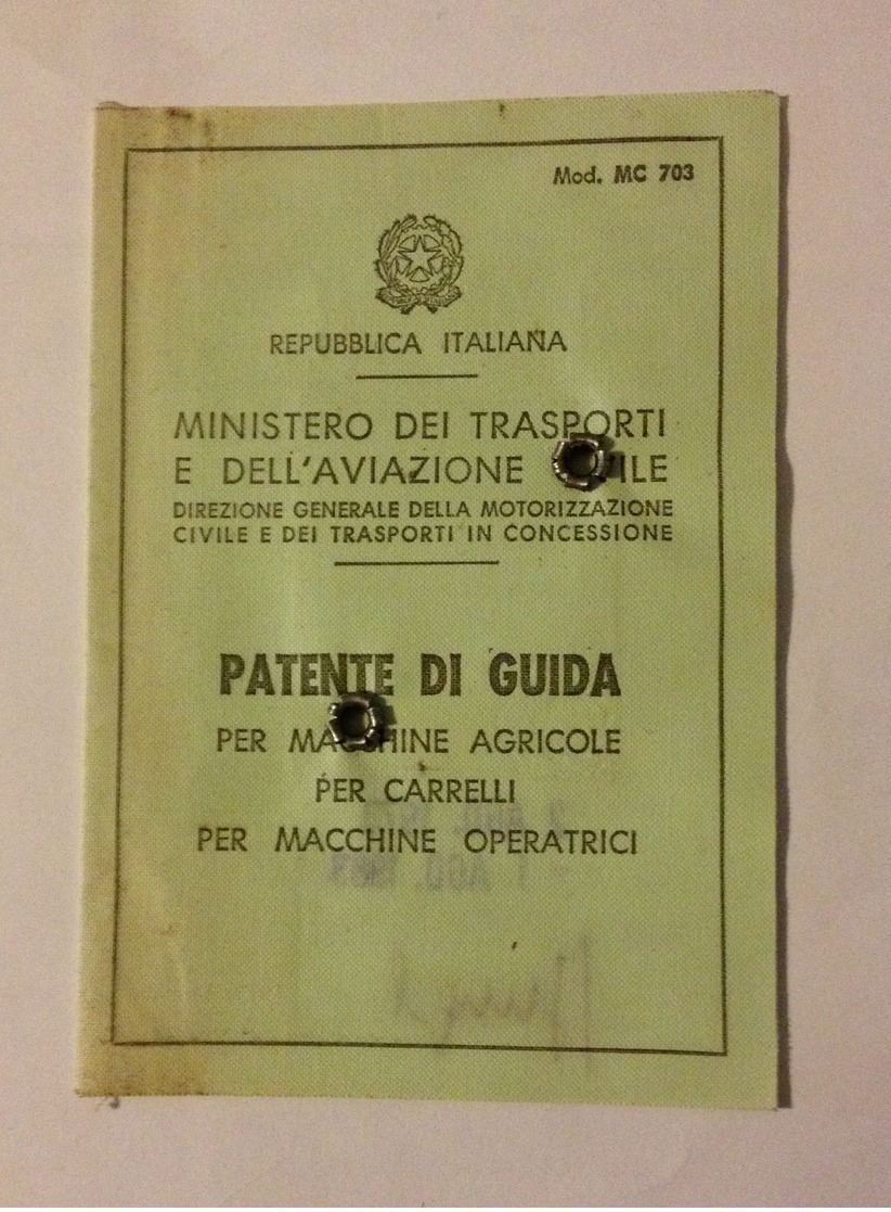 TESSERA PATENTE DI GUIDA PER MACCHINE AGRICOLE TRATTORI E CARRELLI 1973 - Non Classés