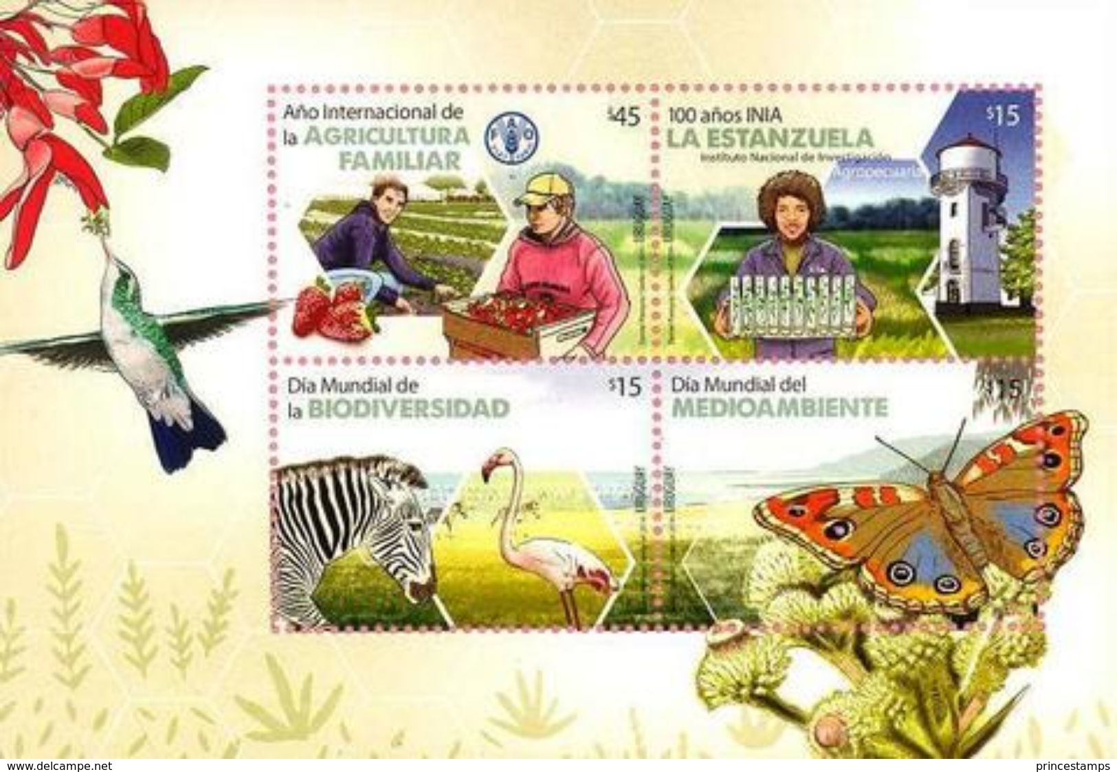 Uruguay (2014) Yv. Bf. 102  /  Butterflies - Flowers - Papillon - Fruits - Fleurs - Blumen - Agriculture - Birds - Butterflies