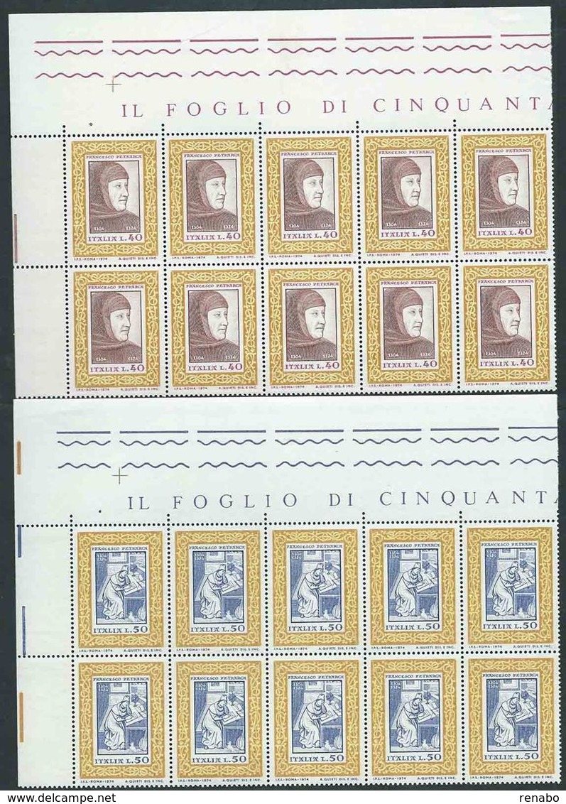 Italia 1974; Petrarca, Anniversario Della Morte. Serie Completa In 2 Blocchi D’ Angolo Di 10 Francobolli. - 1971-80: Neufs