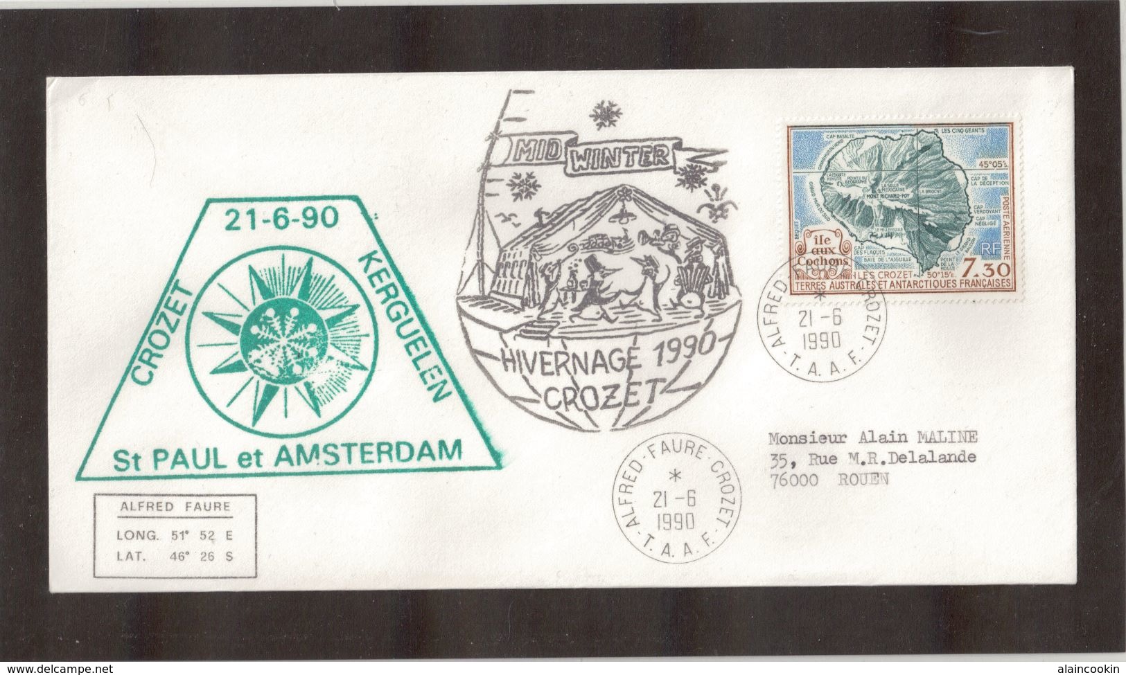 TAAF PA110 Du 21.6.1990 CROZET.  2 Cachets MIDWINTER. - Covers & Documents