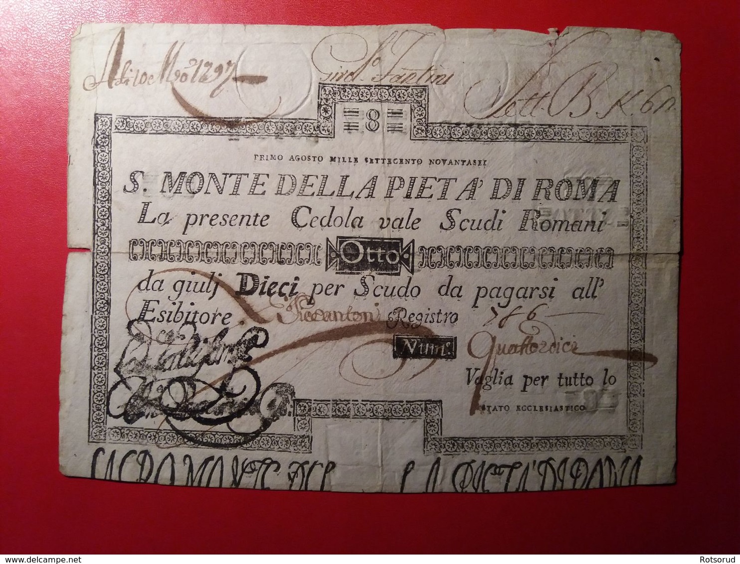 8 SCUDI CEDOLA SACRO MONTE DELLA PIETÀ DI ROMA, Anno 1792 - Vatican