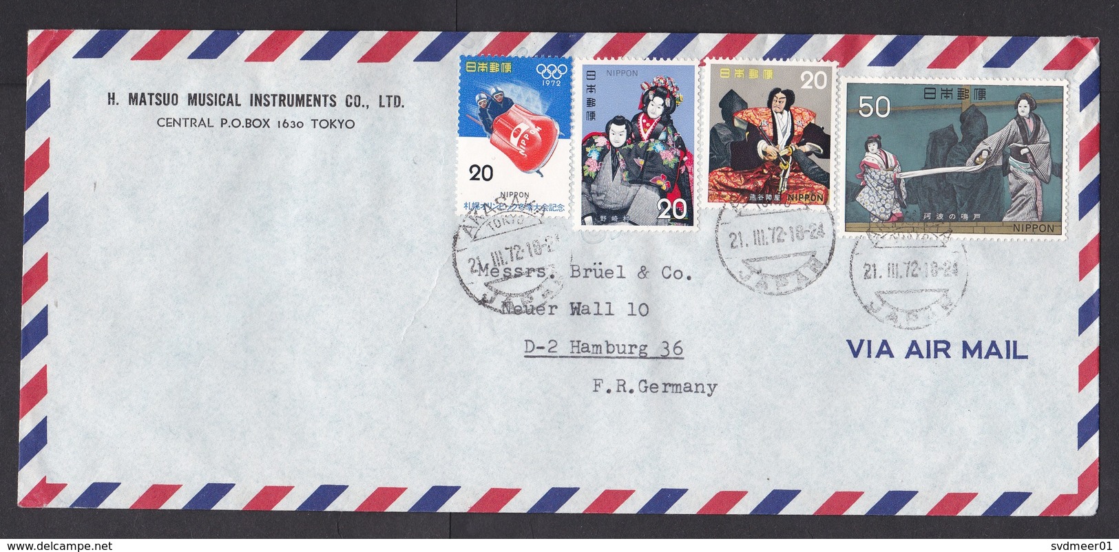 Japan: Airmail Cover To Germany, 1972, 4 Stamps, Traditional Costume, Olympics, Bobsled, From Music Co. (traces Of Use) - Brieven En Documenten