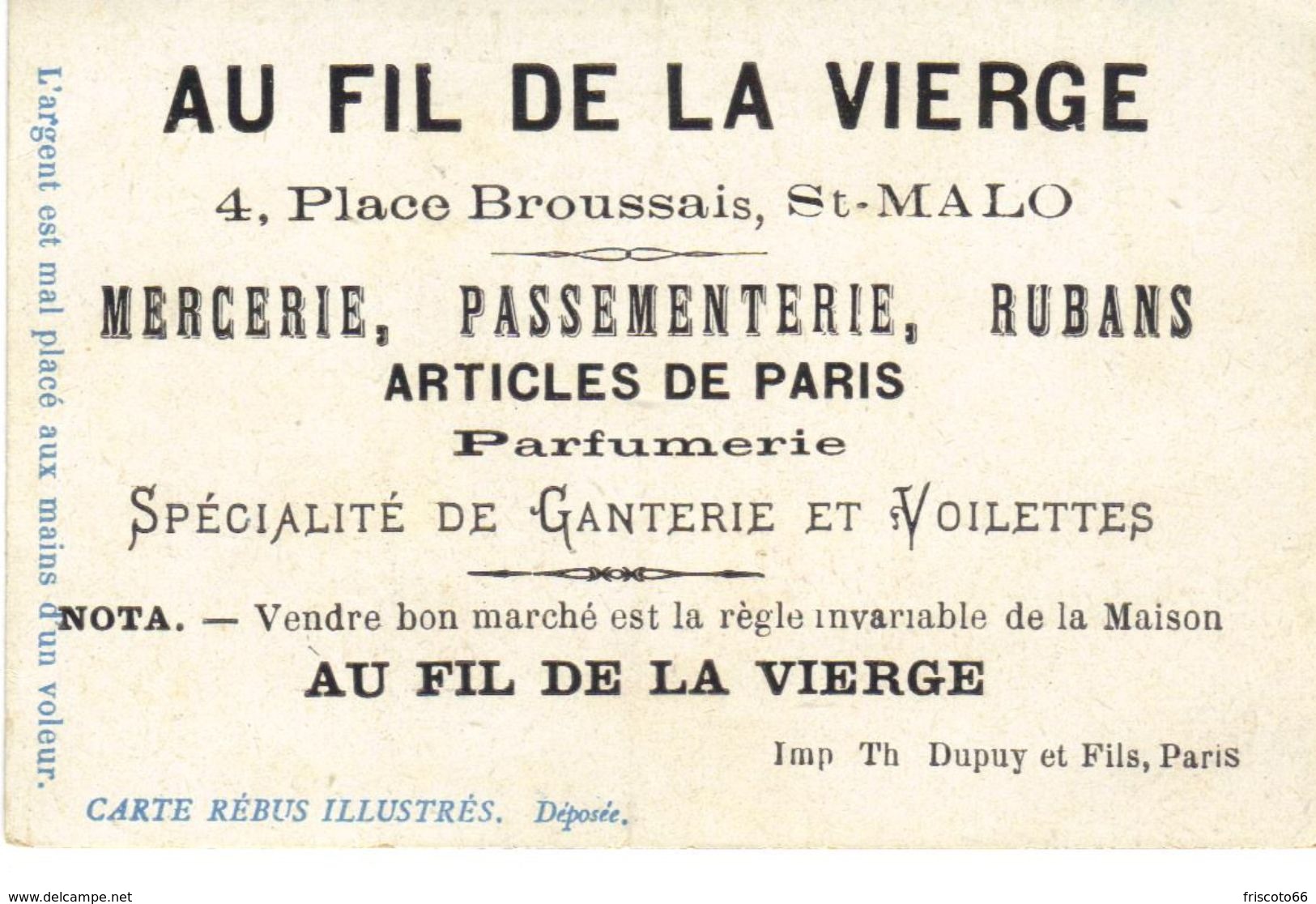 Série 2 Chromos Thème Rébus,  Au Fil De La Vierge, Mercerie Place Broussais Saint Malo - Otros & Sin Clasificación