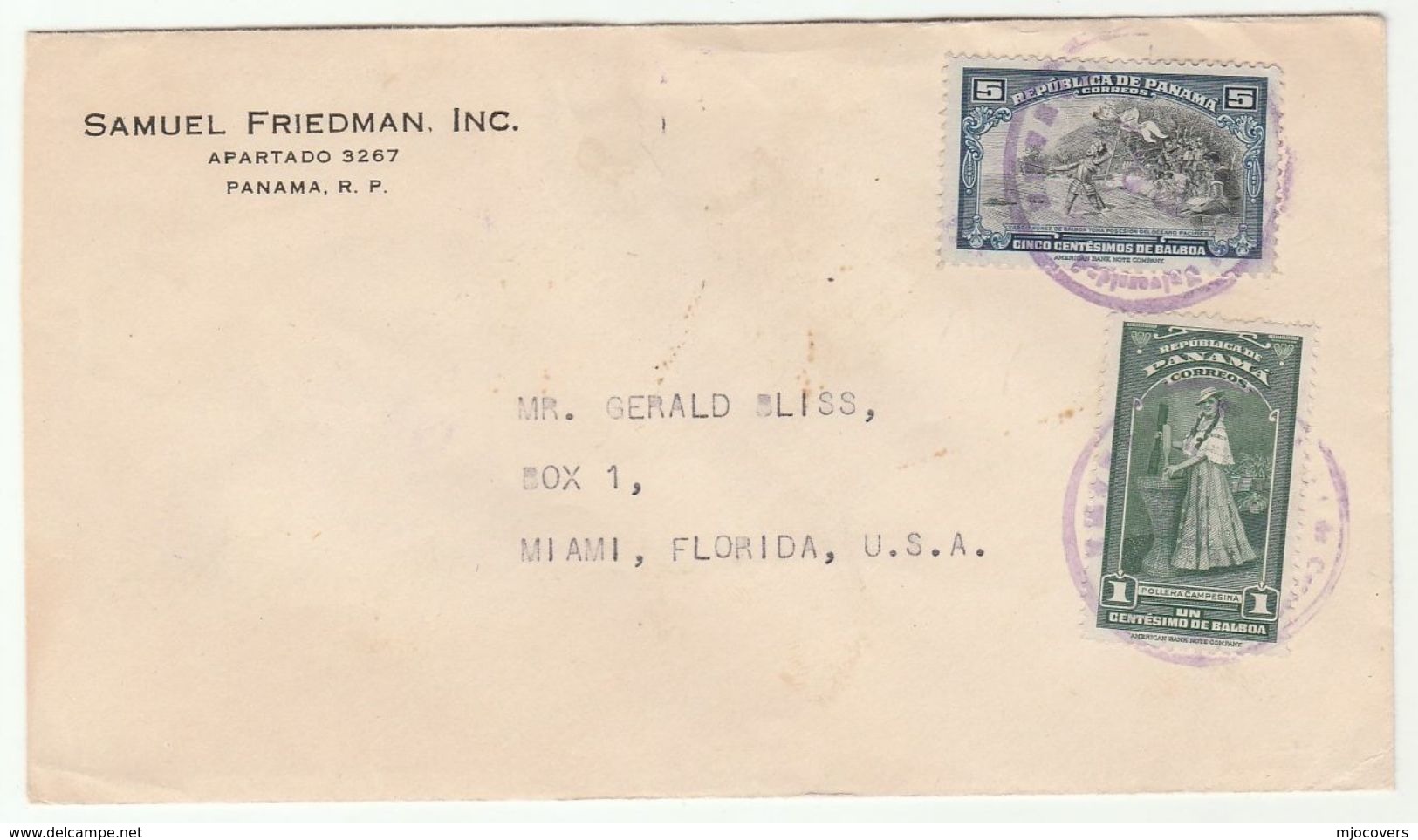 1949 PANAMA COVER To USA With PANAMA CONCORDIA Cachet On The Back , Stamps - Panama