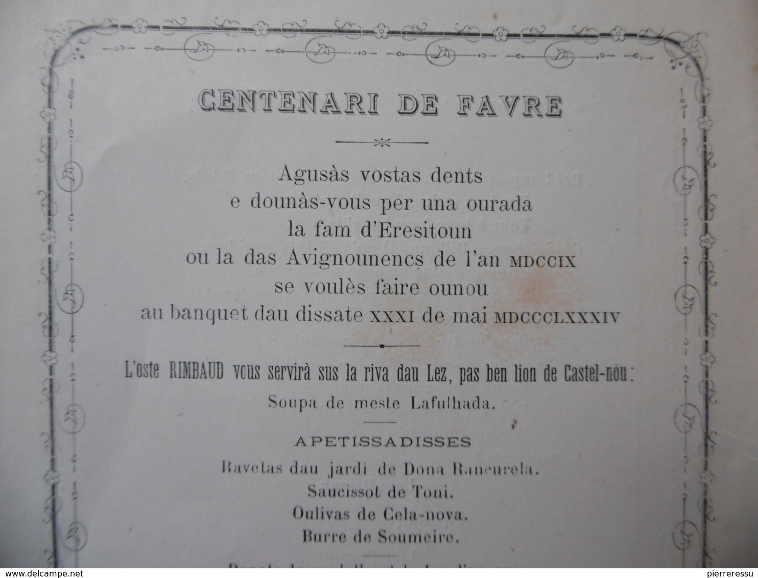 CENTENARI DE FAVRE FELIBRIGE MENU OCCITAN RESTAURANT RIMBAUD RIVES DU LEZ MONTPELLIER 1884 - Documenti Storici