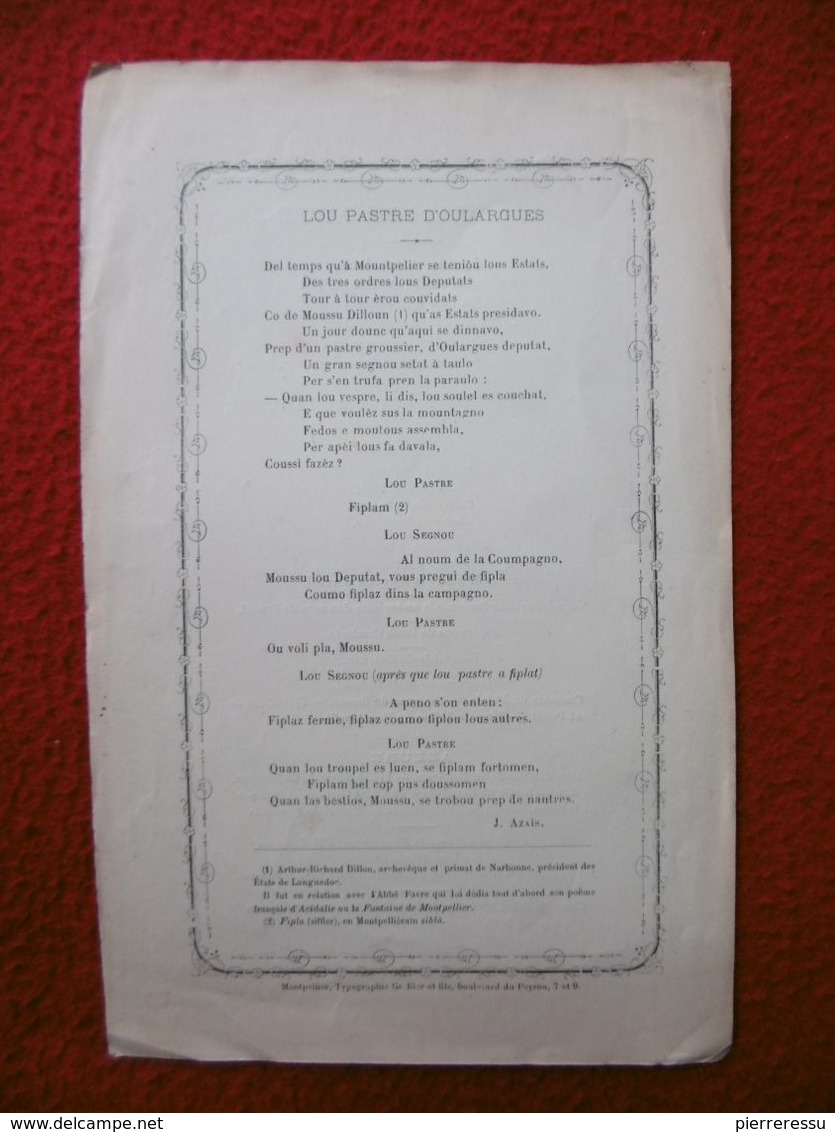 CENTENARI DE FAVRE FELIBRIGE MENU OCCITAN RESTAURANT RIMBAUD RIVES DU LEZ MONTPELLIER 1884 - Documenti Storici