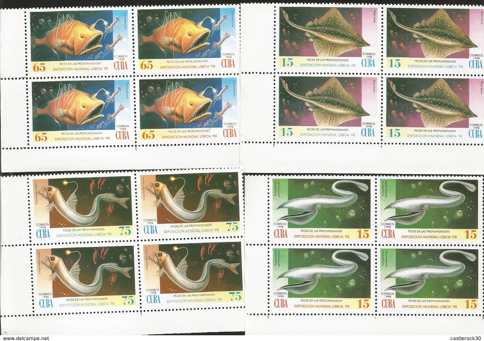 J) 1998 CUBA-CARIBE, WORLD LISBON EXHIBITION 98, FISH OF DEPTHS, SET OF 4 BLOCK OF 4 MNH - Covers & Documents