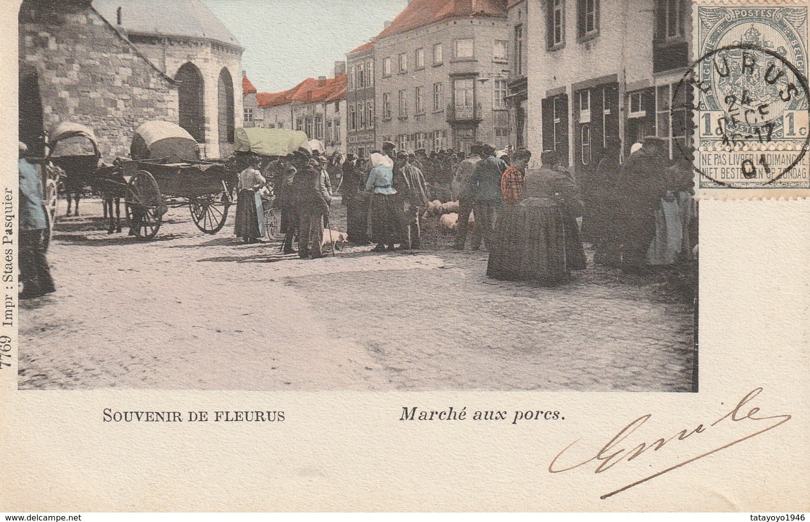 Souvenir De Fleurus   Marché Aux Porcs  Bien Animée Circulé En 1901 - Fleurus