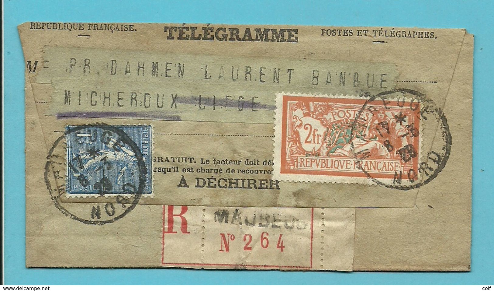 Télégramme Expédié Recomm Affr. Semeuse 145+205 De MAUBEUGE 1929 Pour LIEGE - 1903-60 Semeuse Lignée