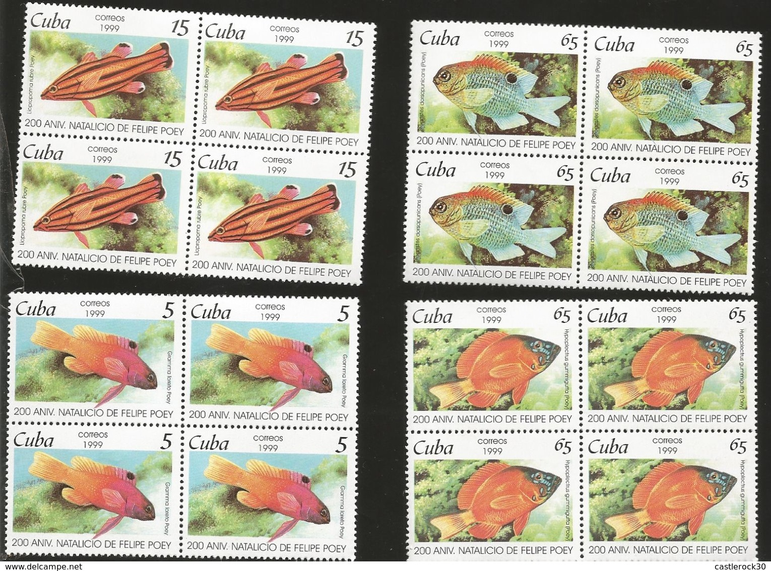 J) 1999 CUBA-CARIBE, 200TH ANNIVERSARY OF THE BIRTH FELIPE POEY'S , FISHES, SET OF 4 BLOCK OF 4 MNH - Cartas & Documentos