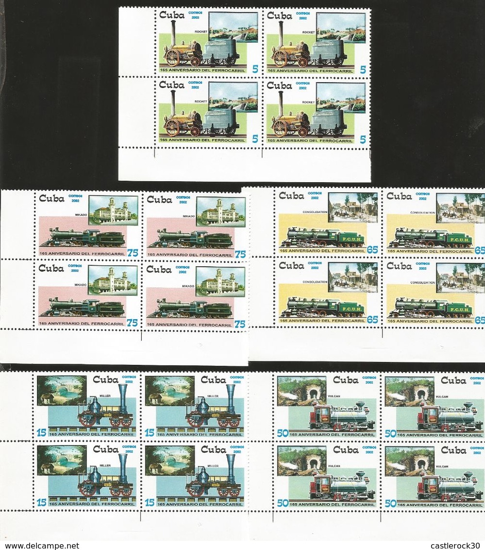 J) 2002 CUBA-CARIBE, 165th ANNIVERSARY OF THE RAILWAY, MILLER, VULCAN, ROCKET, MIKADO, CONSOLIDATION, SET OF 6 BLOCK - Cartas & Documentos