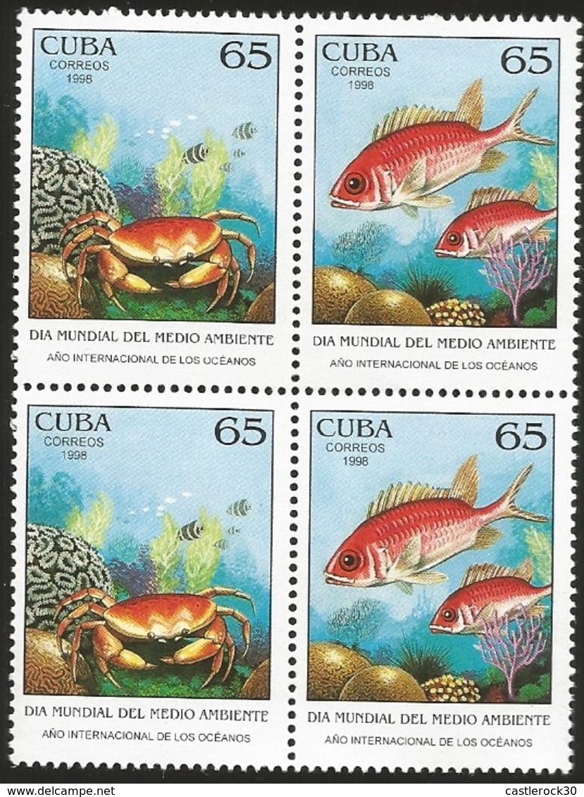 J) 1998 CUBA-CARIBE, WORLD ENVIRONMENT DAY, INTERNATIONAL YEAR OF THE OCEANS, FISHES, CRAB, BLOCK OF 4 MNH - Lettres & Documents