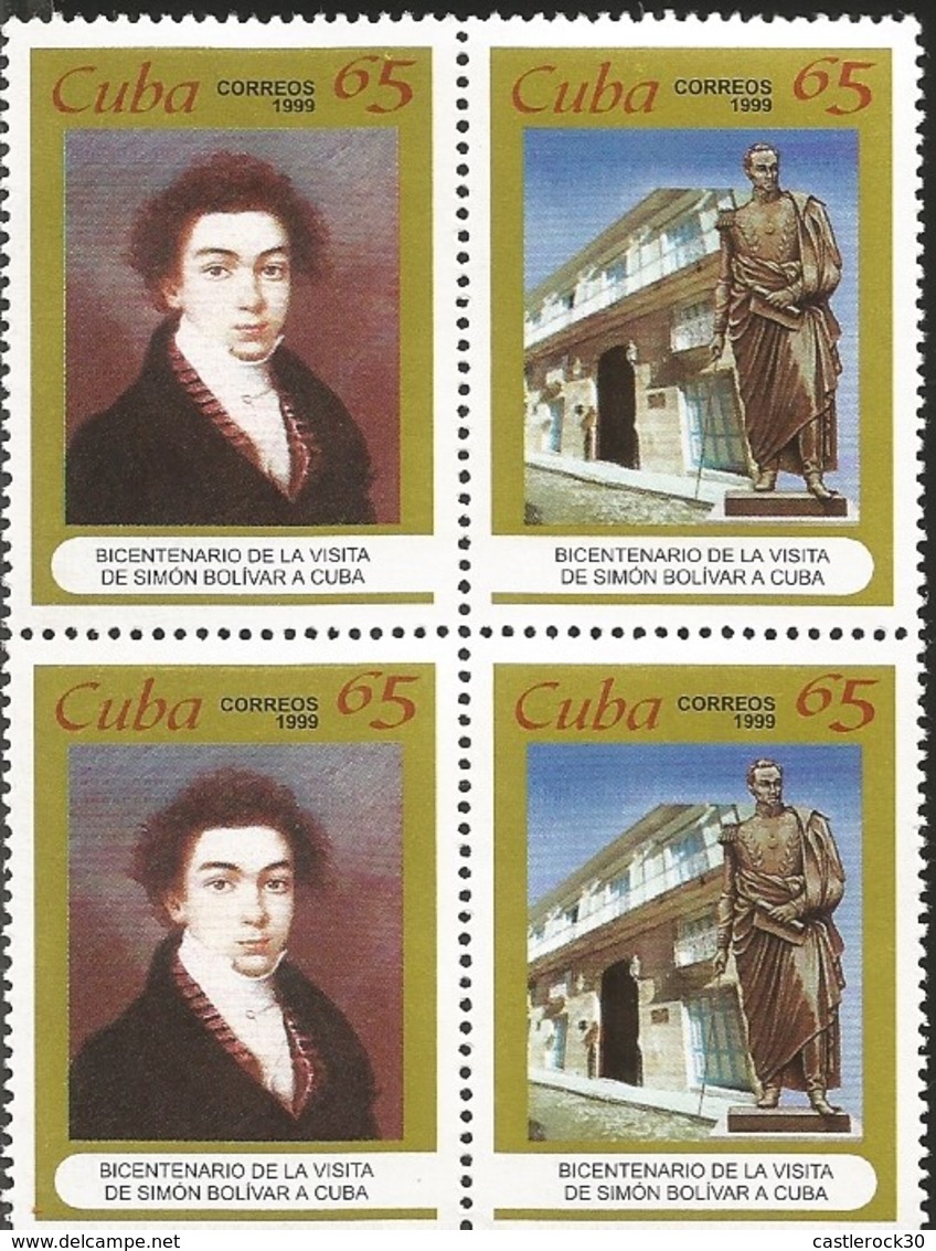 J) 1999 CUBA-CARIBE, BICENTENNIAL OF THE VISIT OF SIMON BOLIVAR, BLOCK OF 4 MNH - Cartas & Documentos