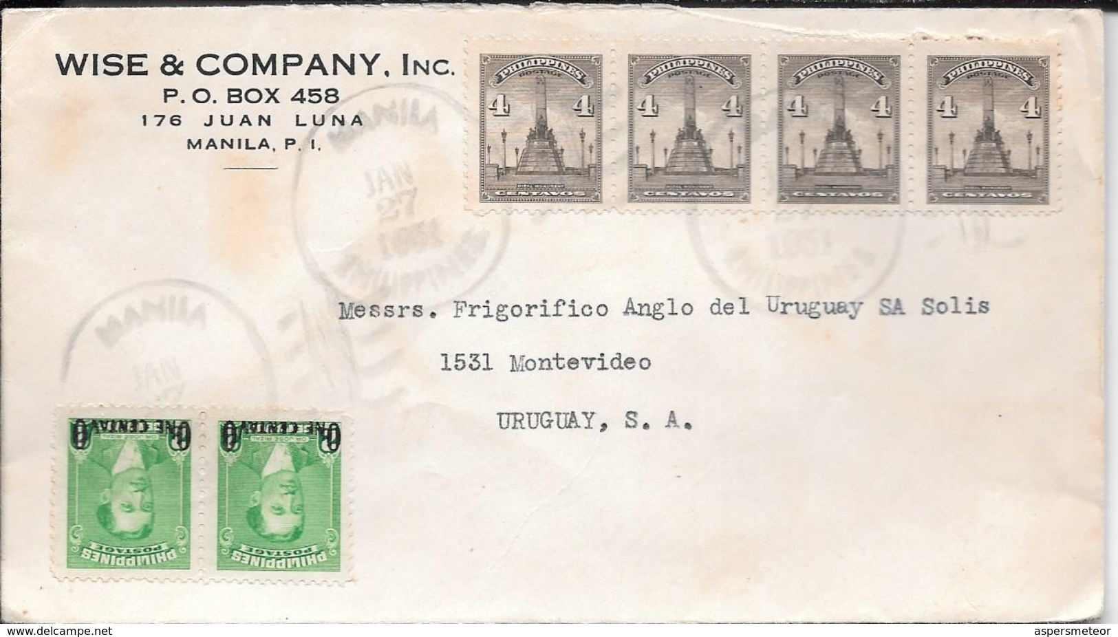 WISE & COMPANY MANILA FILIPINAS SOBRE CIRCULADO A FRIGORIFICO ANGLO DEL URUGUAY SA SOLIS AÑO 1951 - Filippijnen