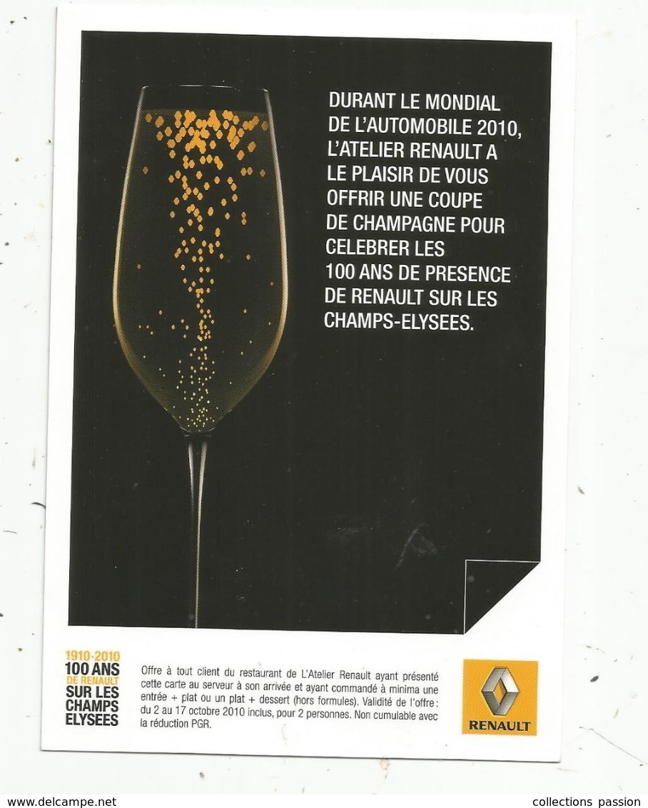 Cp , Publicité RENAULT , Une Coupe De Champagne , Mondial De L'automobile, 2010, Vierge - Autres & Non Classés