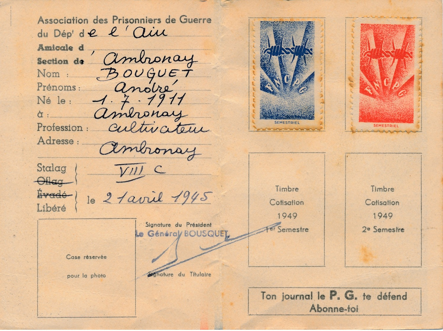 700 - Carte De La Fédération Nationale Des Combattants Prisonniers De Guerre  FNCPG - Année 1945 - Autres & Non Classés