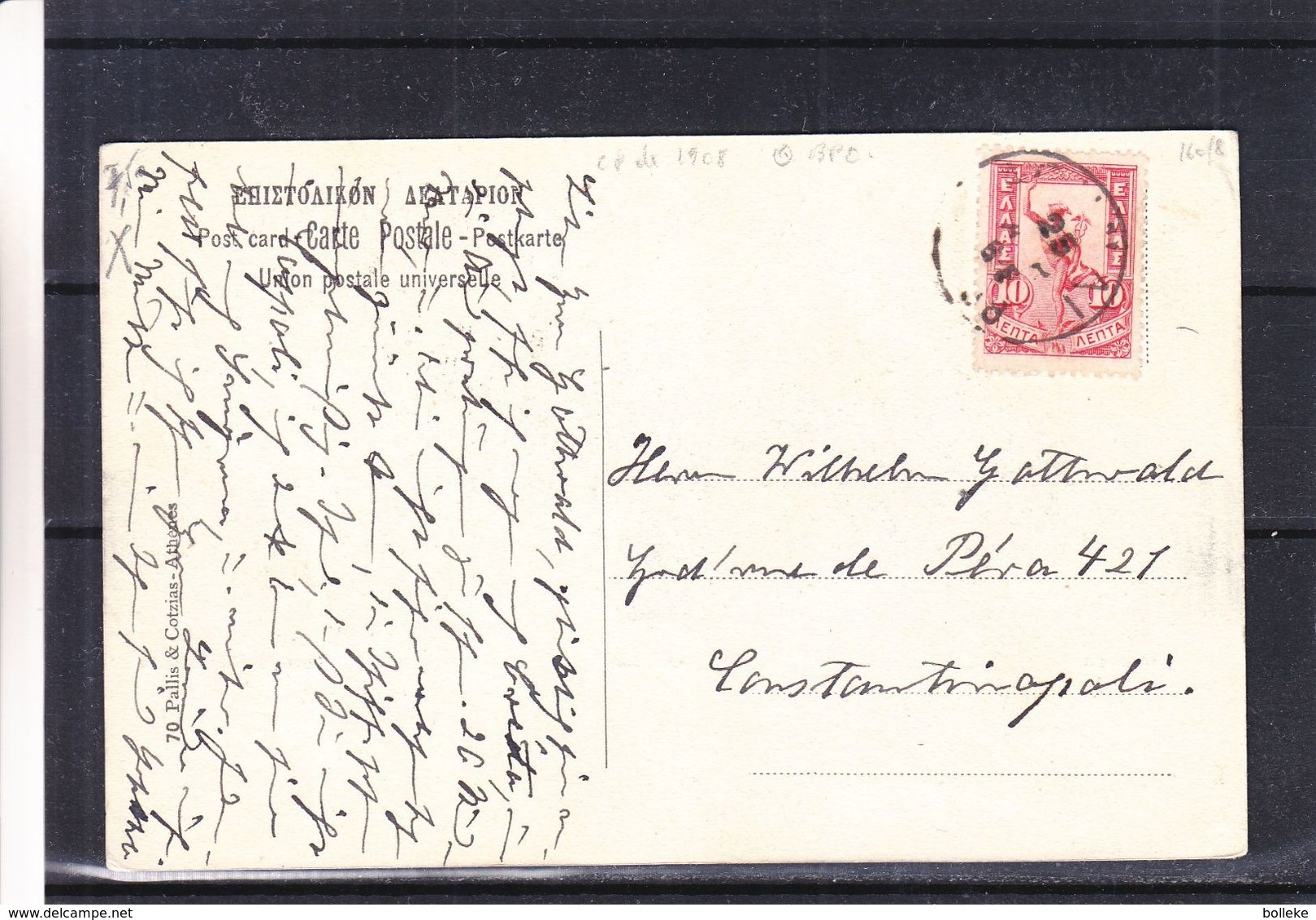 Grèce - Carte Postale De 1908 - Oblit Athènes - Exp Vers Constantinople - Cachet Britisch Post Office - Brieven En Documenten