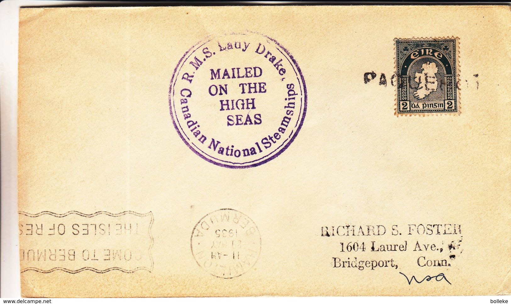 Irlande - Lettre De 1935 - Oblit Paquebot - Cachet R.M.S. Lady Drake Steamship - Cachet De Hamilton Bermuda - Covers & Documents
