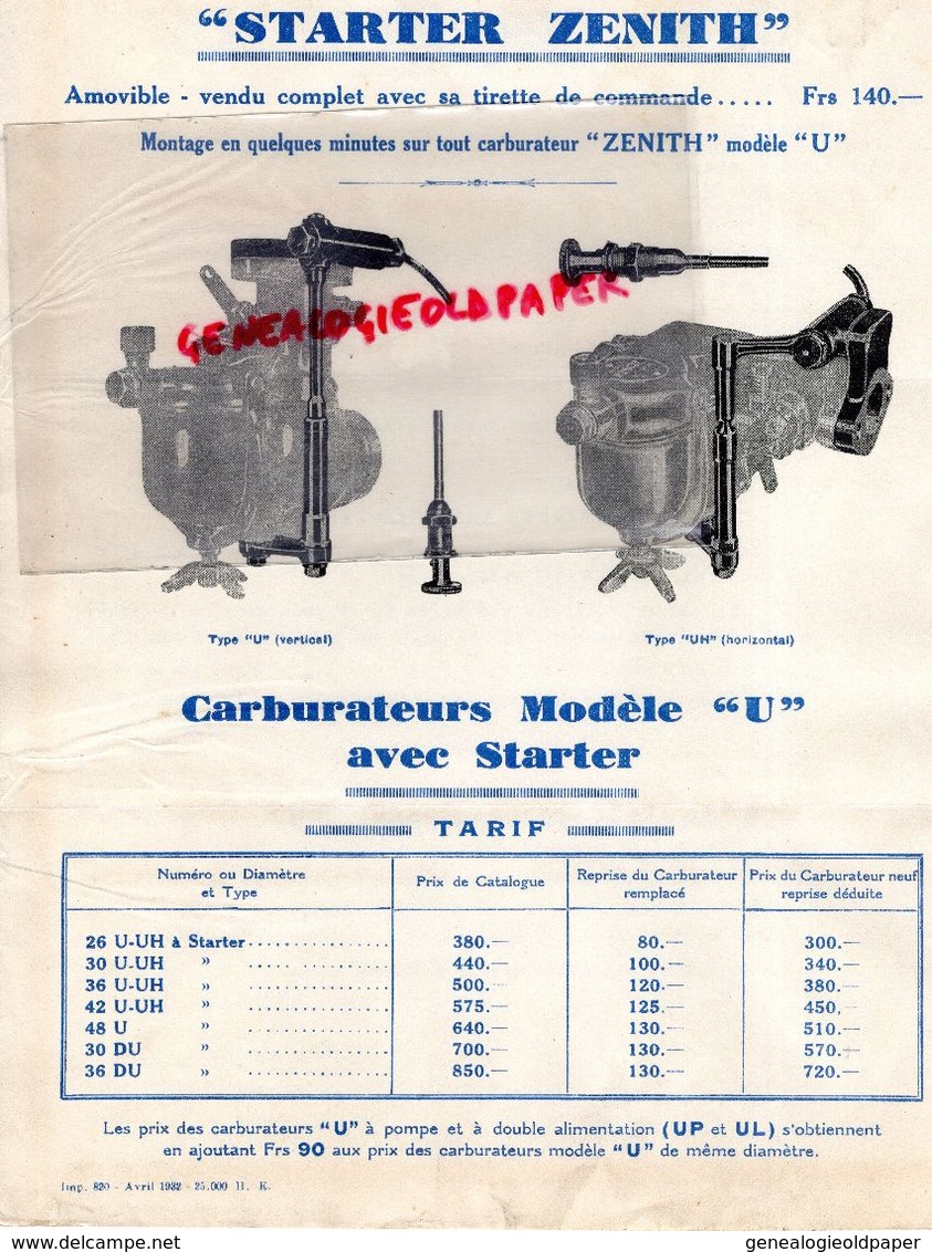 75- PARIS- USINE A LYON-RARE DOUBLE LETTRE CARBURATEUR ZENITH MODELE U AVEC STARTER -26 RUE DE VILLIERS- 1932- - Automobil
