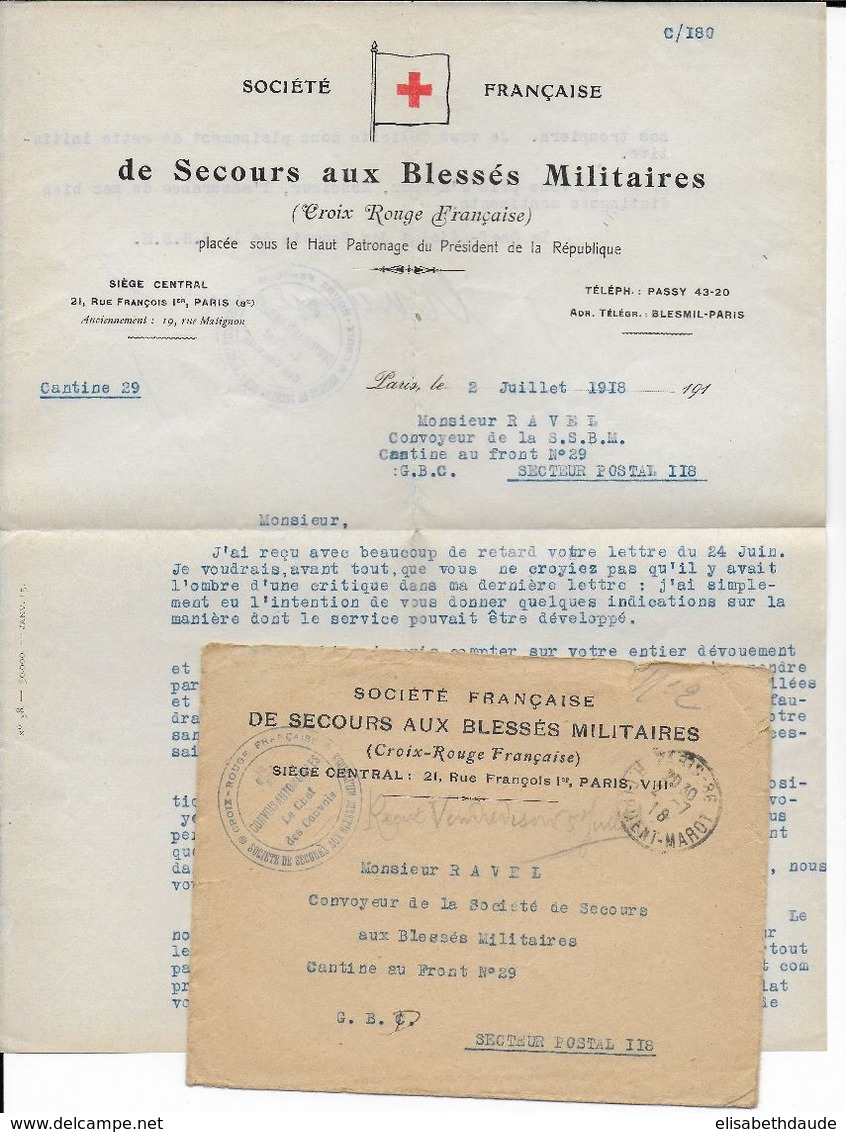 1918 - CROIX-ROUGE - SECOURS AUX BLESSES MILITAIRES - LETTRE Du CHEF DES CONVOIS MILITAIRES => SP 118 - Rotes Kreuz