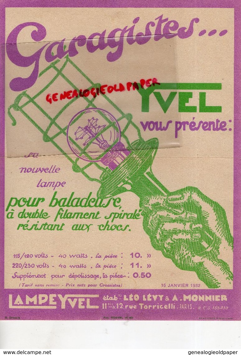 75- PARIS- RARE PUBLICITE LA LAMPE YVEL-GARAGISTE LAMPE BALADEUSE ETS. LEO LEVY & ALFRED MONNIER- 11 BIS RUE TORRICELLI- - Automovilismo
