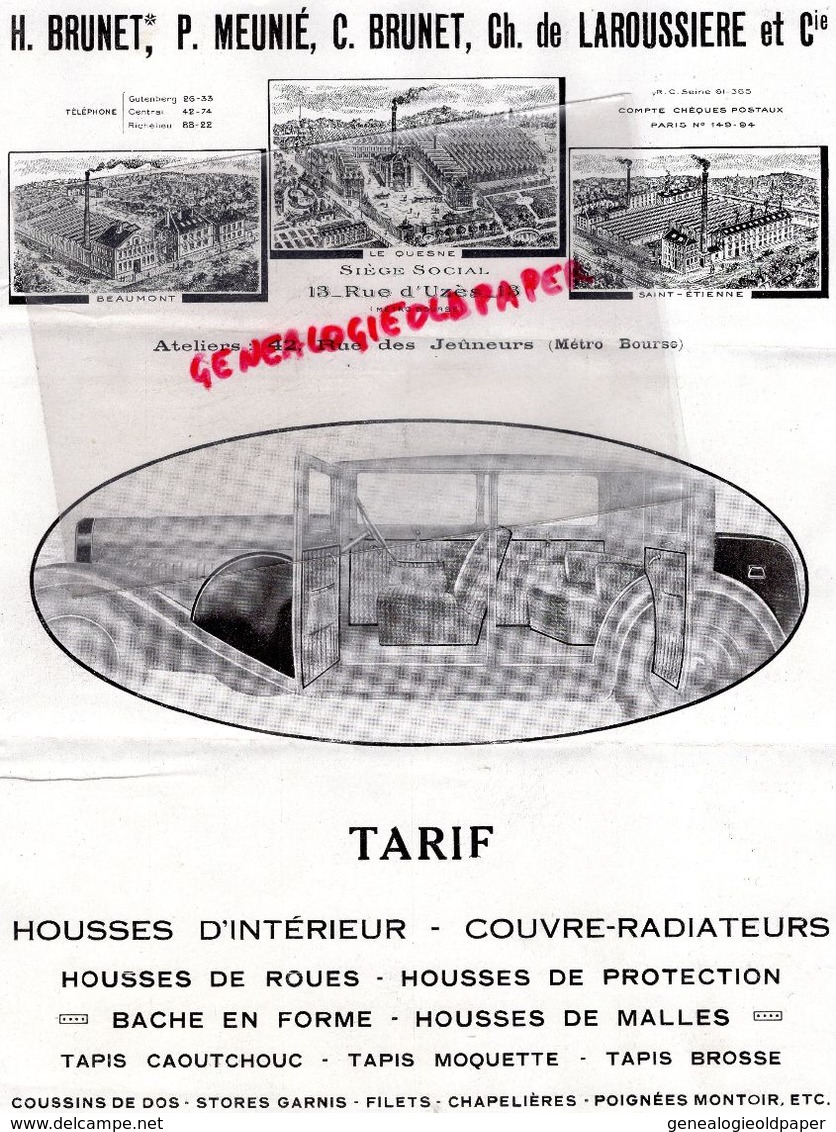 75-PARIS-BEAUMONT-SAINT ETIENNE- LE QUESNE-RARE LETTRE H. BRUNET- P. MEUNIE- CH. DE LA ROUSSIERE-TISSUS- RUE UZES-1932 - Cars