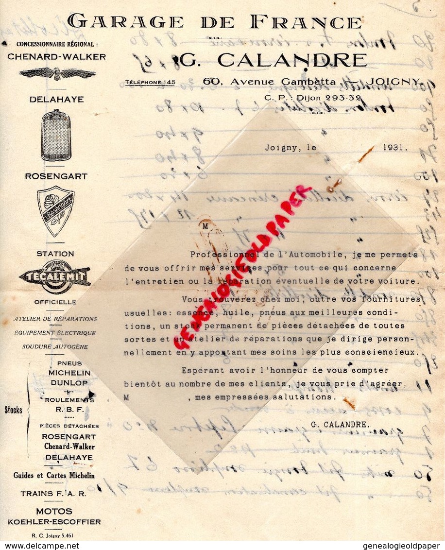 89- JOIGNY- RARE LETTRE G. CALANDRE-GARAGE DE FRANCE-60 AV. GAMBETTA-CHENARD WALKER-DELAHAYE-ROSENGART-1931 - Cars