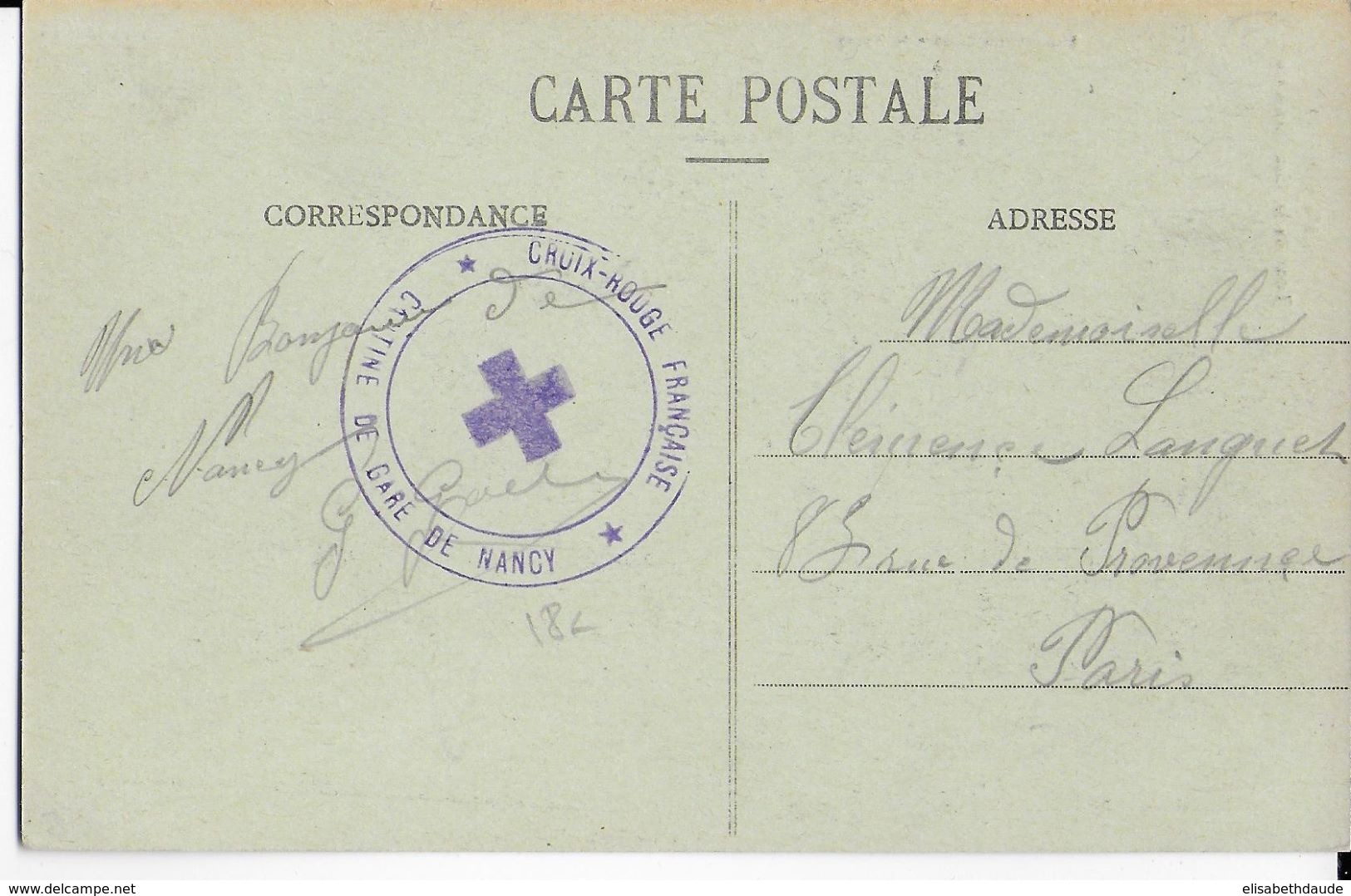 1914/18 - CROIX-ROUGE - CENTRE De La GARE De NANCY (MEURTHE ET MOSELLE) - CARTE FM => PARIS - Rotes Kreuz